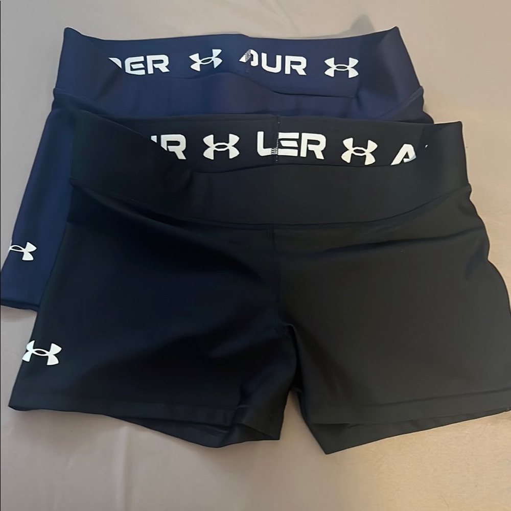 {2pk}Under Armour Women's Black and Navy Shorty Shorts (Large) 3 inch in seam.